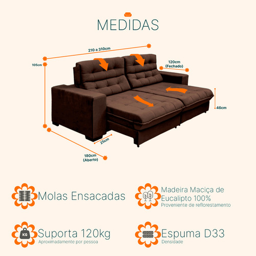 Sofá Casa retrátil e reclinável 2 10m molas ensacadas pillow top suede cor marrom new califórnia café Premium