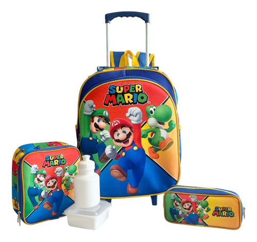 Kit Mochila Infantil Escolar Super Mário Bros Rodinhas M F5 