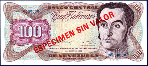 Billete 100 Bolívares Espécimen Sin Valor Diciembre 8 1992