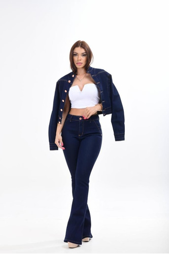 Lindo Conjunto Calça Flare Mais Jaqueta Jeans Moda Feminina
