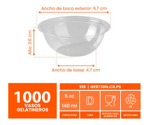 Vaso gelatinero de media naranja 140ml 1000 piezas color cristal