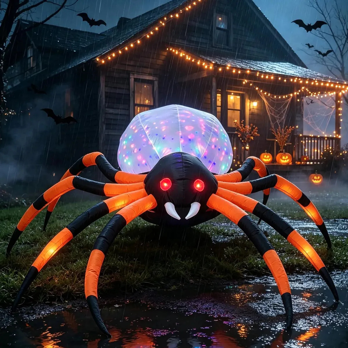 2.3m Araña Inflable Halloween Gigante Luz LED Multicolor IHOGCO Destellante Ojos Rojos Decoración Exterior Jardín Patio Negro