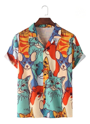 Camisa Hawaiana Hawaiana Con Estampado De Gato Multicolor Tl