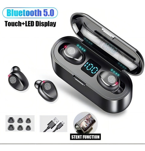 Fone De Ouvido In-ear Sem Fio F9 Preto Com Luz Led