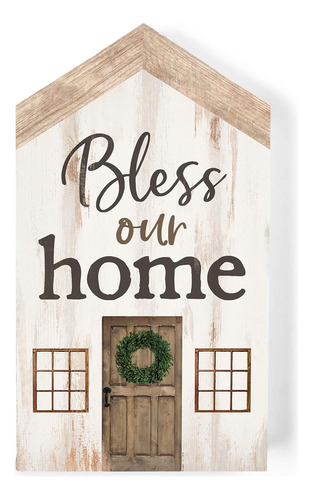 Bless Our Home Whitewash Barn House - Letrero De Mesa En Blo