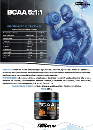 Bcaa 5:1:1 - 2x Potes De 250g - Kit Bcaa Em Pó - Pro Healthy Sabor Laranja
