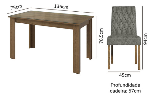 Sala De Jantar Mesa Tampo Vidro 6 Cadeiras Odara Madesa Rs Cor Rustic/Silver Desenho do tecido das cadeiras Liso