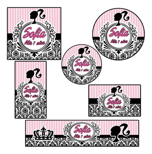 Kit 180 Stickers Barbie Rosa Y Negro Troquelados Candy Bar