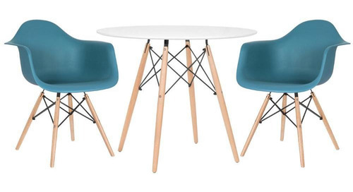 Kit Mesa Jantar Redonda 90 Cm E 2 Cadeiras Eames Wood Daw Cor Mesa branco com cadeiras turquesa