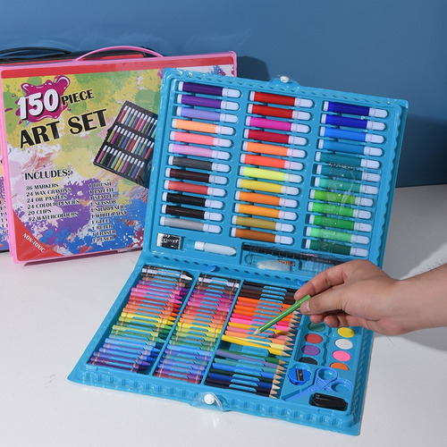 Set Arte Colores Crayones Plumones Acuarelas Estuche 150 Pzs Estuche-rosa