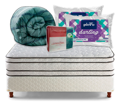 Combo Sommier Piero Resortes + Acolchado Sabanas Y Almohadas