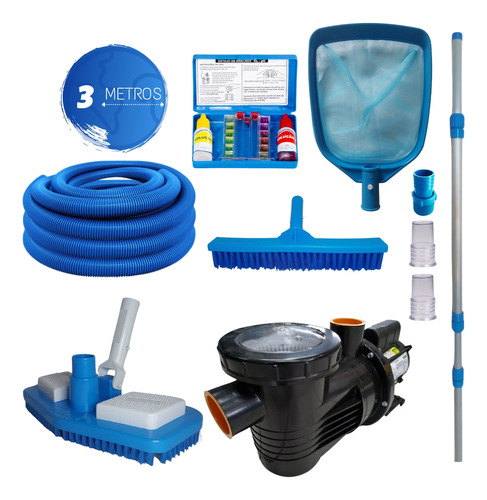 Kit Limpeza Piscina + Bomba 1/4cv E 3 Metros De Mangueira