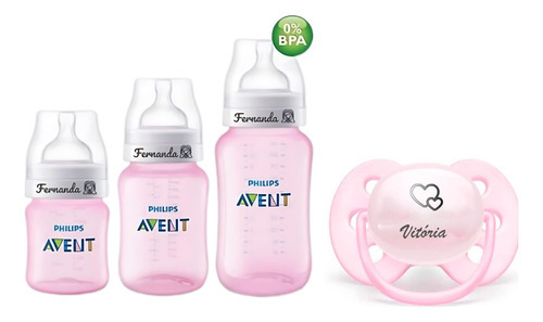 Kit 3 Mamadeiras Avent Personalizadas Com Nome + Chupeta 0-6