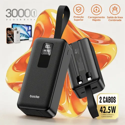 Basike Power Bank 30000mah Com Carga Rapida Turbo 425w Cabo E Digital Para Celular Universal Para Celulares Iphone 171615141312 Samsung Galaxy
