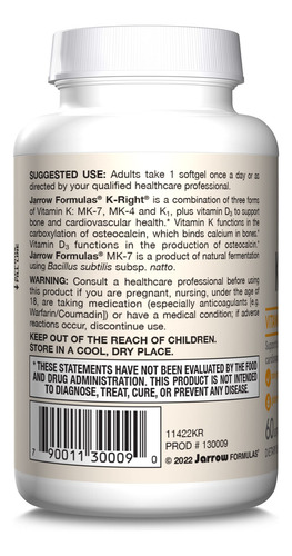 Jarrow Formulas K-right Complejo Vitamina K 60 Cápsulas