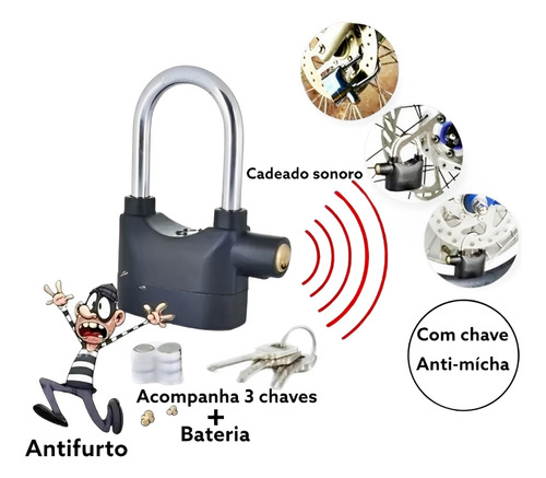 Cadeado Antifurto Lua Tek C/ Som Resistente À Chuva 3 Chave