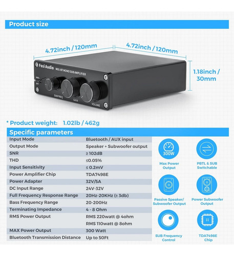 Amplificador Fosi M01-bt Bluetooth Mono 108w Speaker Sub Out Preto 108 W