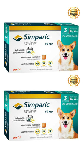 Combo 2 Cx Simparic 40 Mg 10 A 20 Kg 6 Comprimidos Carrapato