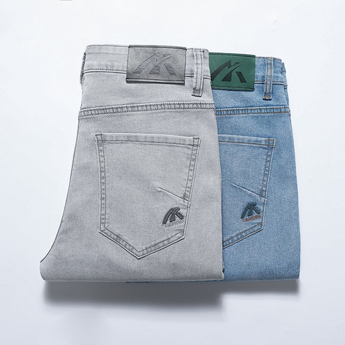 Jeans Delgados De Mezclilla Elástica Gris Claro Para Hombre