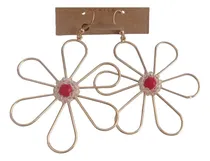 Comprar Aros Flor Grande Hecha A Mano Baño Oro Piedras Ágata Roja