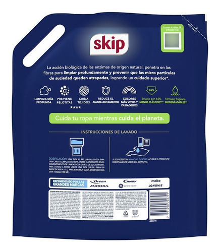 Jabon Liquido Skip Bio Enzimas Para Ropa Doypack 3 Litros