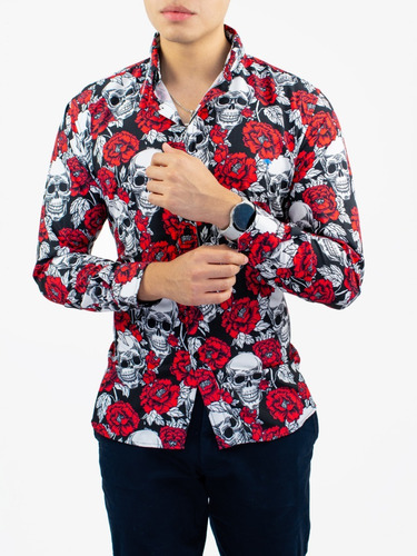 Camisa Hombre Casual Calaveras Blanca & Flores Rojas Alexis 