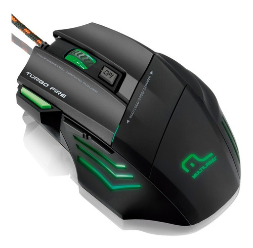 Mouse Gamer 3200dpi Preto Led Verde 7 Botões Fire Multilaser