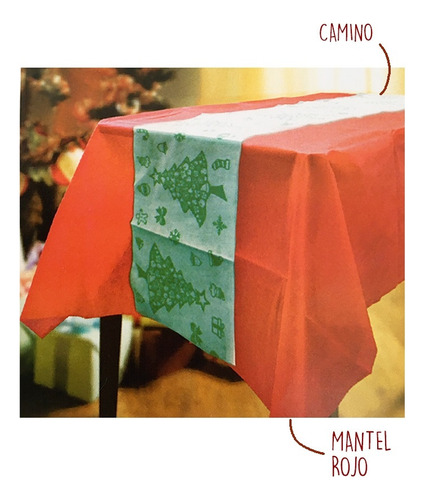 Mantel De Friselina Rojo Con Camino Navideño Verde Grande