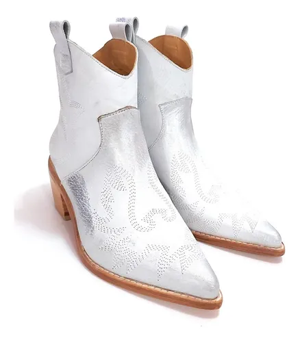 Botas Texanas Blancas Plata Cortas Bordadas Quica Laguna