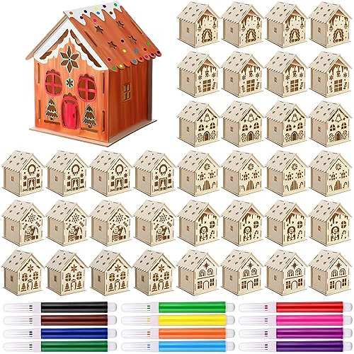 9 Sets De Casas De Navidad De Madera Y Plumas De Acuare...