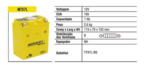 Bateria Motobatt Mtx7l Cbx250 Twister Fazer Titan 7ah 12v