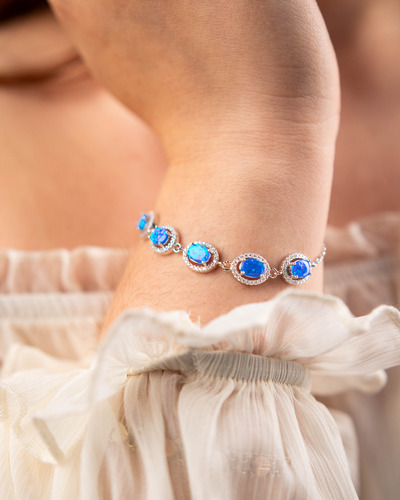 Pulsera Plata 925 Ópalo Azul Redondo Diana Joyas Mujer Diámetro 2.54 Cm