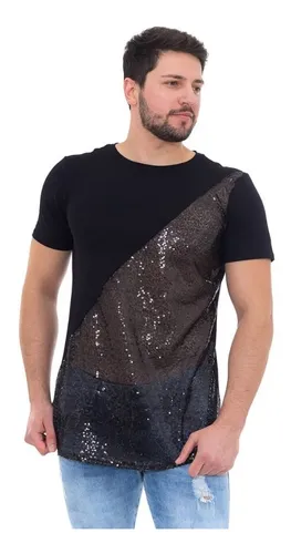 Camiseta Masculina Longline Paetê Camisa Transparente