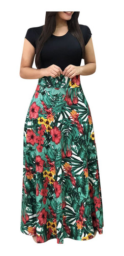 Vestido Mujer Manga Corta Floral Boho Impresión Vestido Larg