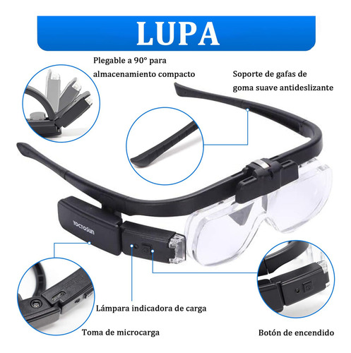Lupa Con Luz Led, Gafas Lentes Lupa Recargables Usb, 3