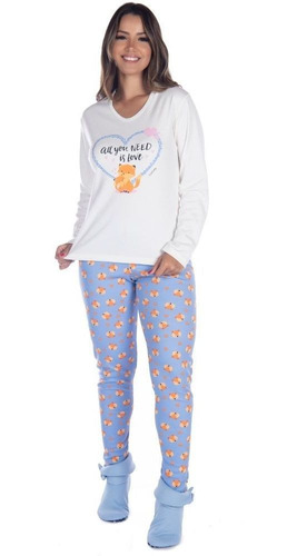 Pijama Feminino Fechado Tecido Canelado Blusa Manga Longa