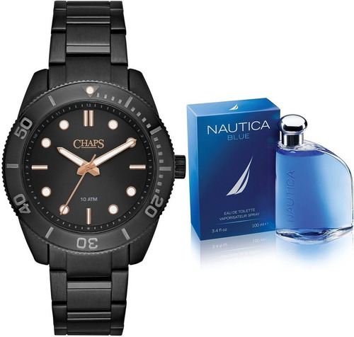 Reloj Chaps ® Y Perfume Nautica ® Caballero Originales Pack Color de la correa Negro Color del bisel Acero Color del fondo Negro