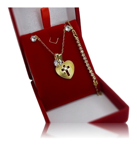Imagem 4 de 8 de Colar E Brinco Pulseira Coração Ouro 18k Presente C/garantia