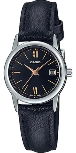 Reloj Casio Ltpv002 Mujer Correa Piel Números Romanos Color de la correa Negro Color del bisel Plateado Color del fondo Negro