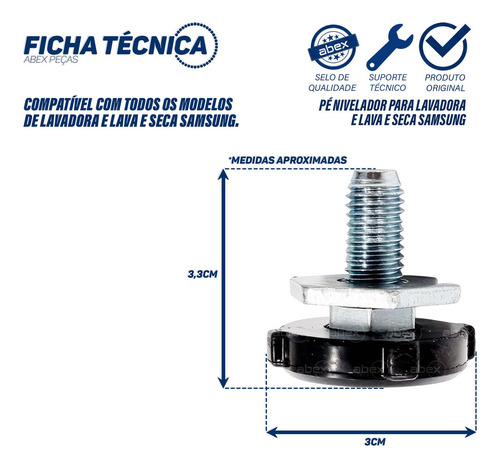 Pé Nivelador Para Uso Em Lavadora Lava E Seca Samsung Wd103 Wd106 Wd10 Wd11 Ww85j Dc97-00920u