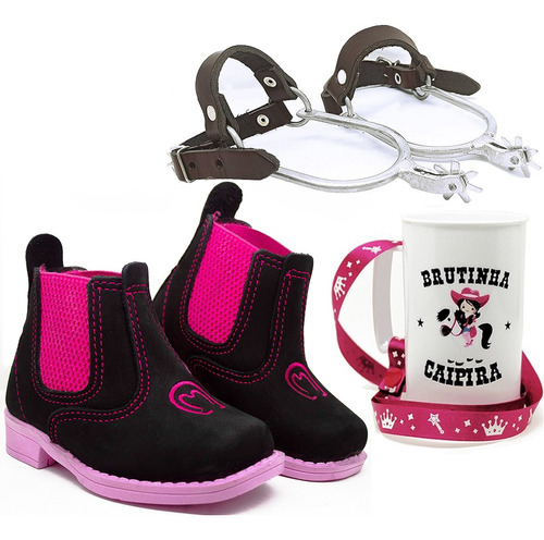 Kit Infantil Botina Solado Rosa Preta + Caneca E Espora