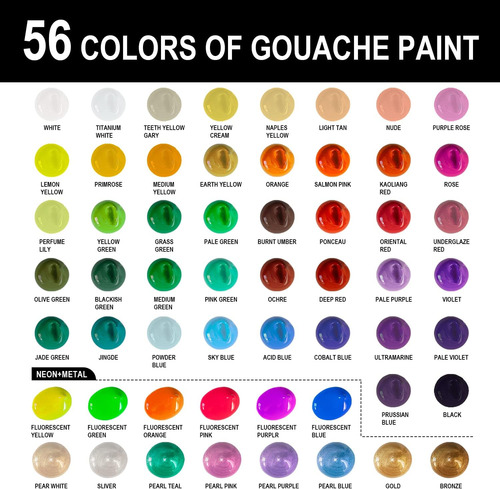 Juego De Pintura Gouache, 56 Colores X 30 Ml, Diseño D...