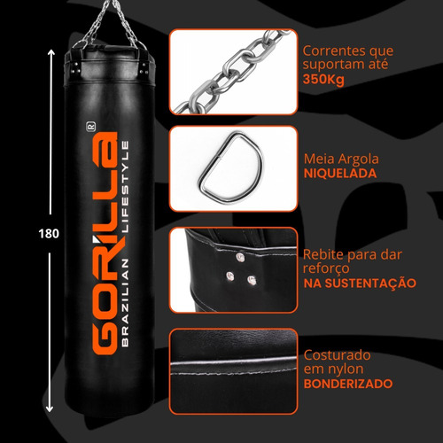 Gorilla Boxe Muay Thai Treino Luta cor preto 180 cm 