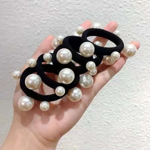 Anillo De Pelo Elástico Sin Costuras Con Perlas Negras Para