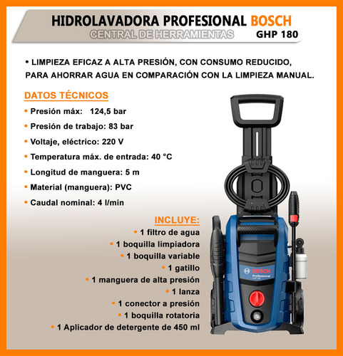 Hidrolavadora Bosch Ghp 180 220v 1800 Psi Con Manguera 5 Mts