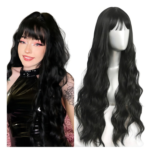 Peruca Wig Ruiva Preta Castanho Com Luzes Longa 75cm Franja