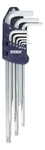 Llave Allen Cardánica Extra Larga 9 Pzs Bremen 3970 Color Acero