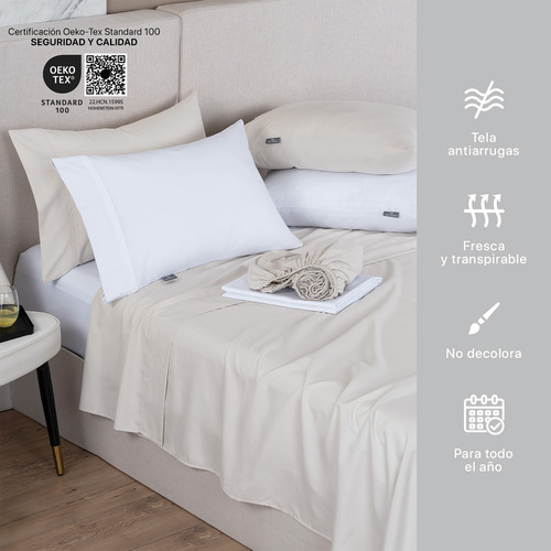 Paquete 2 Juegos Sábanas Individual Microfibra Real Textil Blanco Y Beige Liso