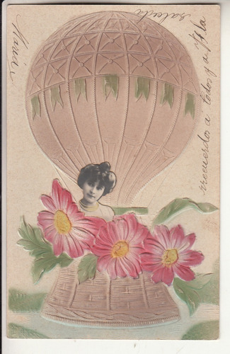 1906 Postal Gofrada Coloreada Montaje Mujer En Globo Volador