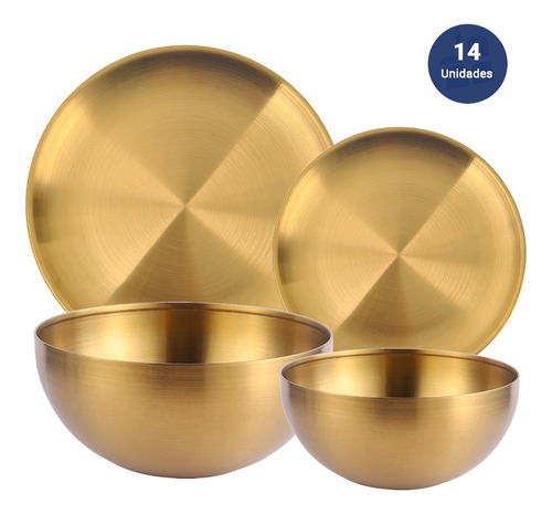 Juego Set X 14 Piezas Platos Bowl Acero Inoxidable Dorado